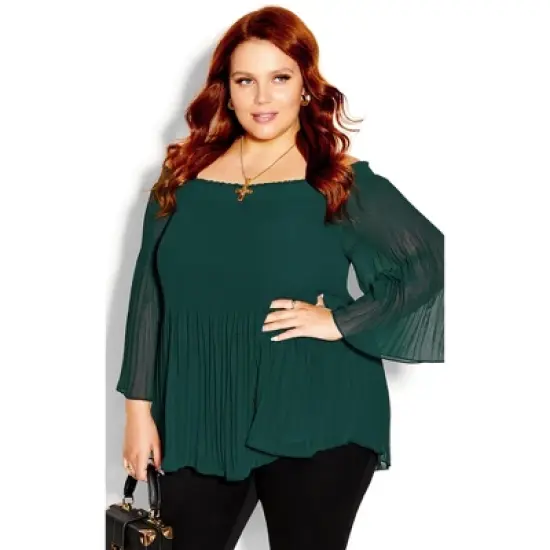 Women's Plus Size Pleated Off Shoulder Top  - Jade | CITY CHIC image {3}