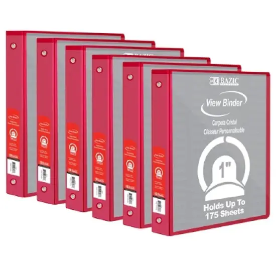 BAZIC Products 3-Ring View Binder with 2 Pockets, 1", Red, Pack of 6 image {7}