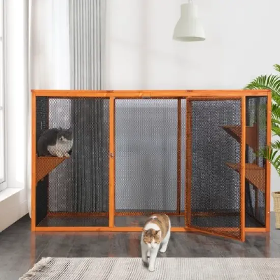 Sevobal Pet Crates and Houses Detachable Cat Enclosure with Waterproof Roof and 3 Jumping Platforms, Removable Cat Cage, Orange, 70.8"*31.5"*42.5" image {1}