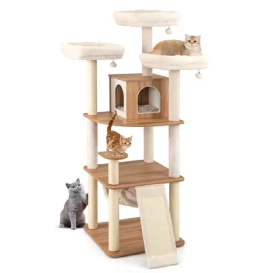Tangkula 68" Large Cat Tower w/ 3 Padded Perches Condo Sisal Scratching Posts & Ramp image {9}