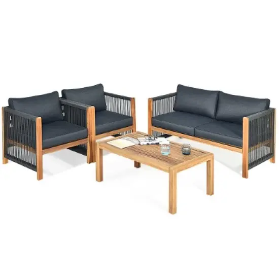 Tangkula 4PCS Acacia Wood Outdoor Patio Furniture Set Cushioned Sofa W/Nylon Rope Armrest image {1}