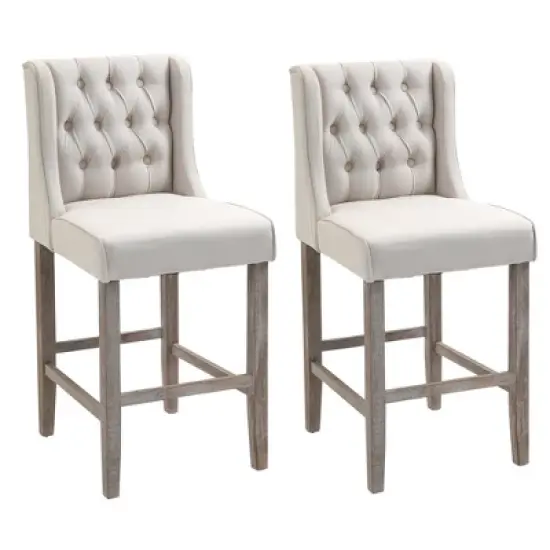 HOMCOM 26.25" Counter Height Bar Stools Set of 2, Tufted Wingback Armless Upholstered Dining Chair with Rubber Wood Legs image {5}