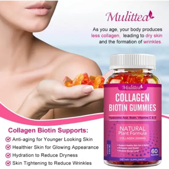 Mulittea Collagen Gummies with Vitamin C, E, Biotin &ndash; Hair, Skin & Nail Health &ndash; Anti-Aging Support, 60 Gummies image {1}