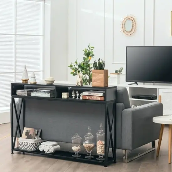 Costway Steel Frame  Console Table with Open Shelf and Storage Compartments  Black image {2}