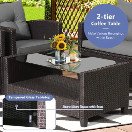 Tangkula Set Of 4 Outdoor Rattan Furniture Set PE Rattan Wicker Sectional Sofa w/ Loveseat Chair & Glass Table Patio Cushioned Conversation Sets Gray image {1}