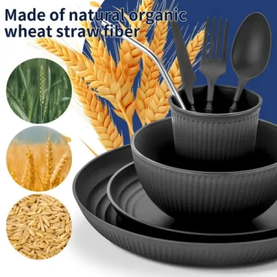 Itopfox 56-Piece Black Wheat Straw Dinnerware Set, Unbreakable Plates, Bowls, Cups & Utensils, Microwave & Dishwasher Safe, Reusable for Home, Office image {4}