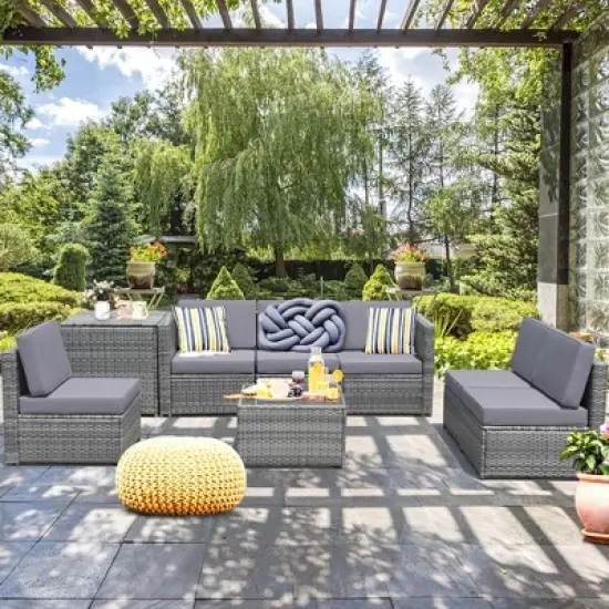 Tangkula Set of 8 Gray Rattan Wicker Sofa & Table Outdoor Cushioned Sectional Patio Furniture image {3}