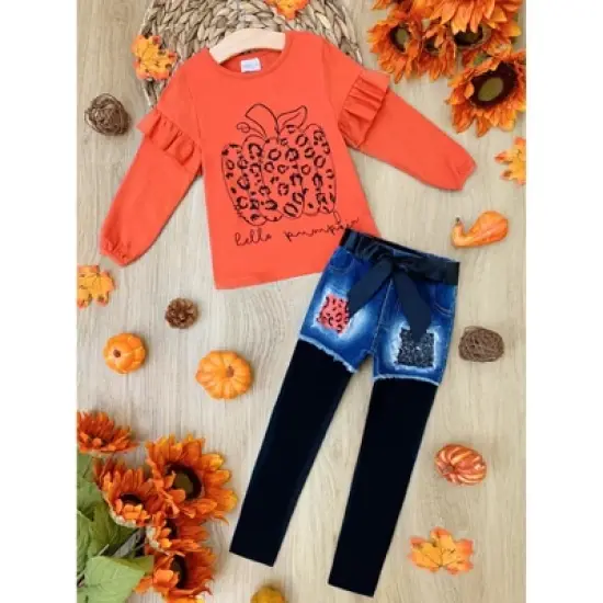 Girls Hello Pumpkin Top, Patched Denim Shorts & Legging Set Mia Belle Girls, Orange, 2T image {6}