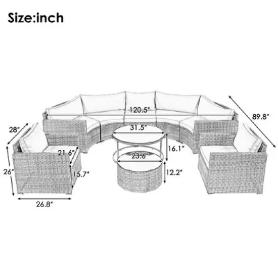 FIONECA 9-Piece Half-Moon Patio Sofa Set, Outdoor Round Wicker Sectional with Coffee Tables & Cushions, Gray image {6}