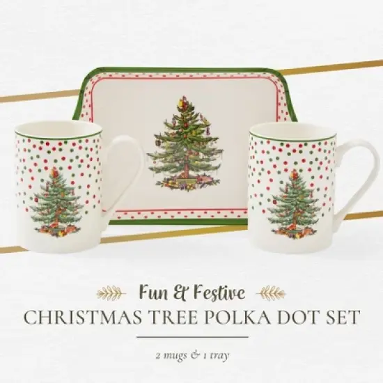 Spode Christmas Tree Polka Dot 10oz Mug & 8" Tray Set (3-Piece Set) - Festive Porcelain Mugs with Melamine Tray, Dishwasher & Microwave Safe image {1}