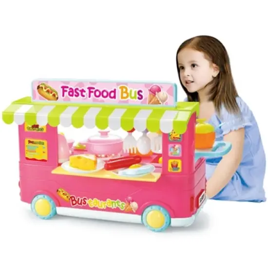 Ready! Set! Play! Link Little Chef 29 Piece Set, Fast Food Truck Bus Kitchen Toy, Food Pretend Play For Kids (Pink & Blue) image {3}