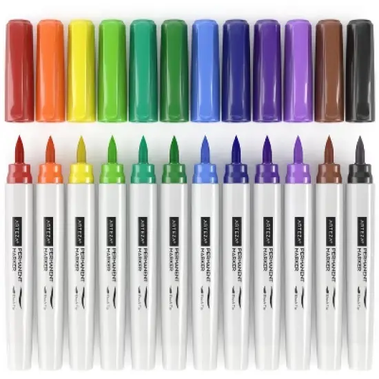 Arteza Set of 24 Permanent Markers, Rainbow, Fine & Brush Nib, 12 Assorted Colors, image {1}