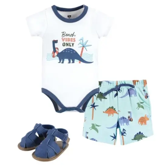 Hudson Baby Infant Boy Cotton Bodysuit, Shorts and Shoe Set, Beach Dino image {7}