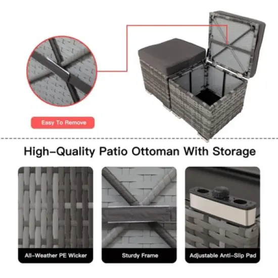 FIONECA All-Weather Outdoor Ottoman with Storage &uml;C PE Wicker Patio Footstool, Gray image {7}