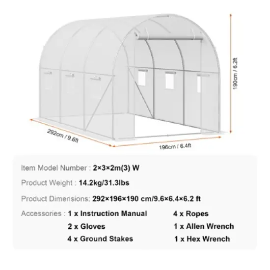 VEVOR Walk-in Tunnel Greenhouse, 9.6x6.4x6.2 ft Hoop House Greenhouse Tunnel, Plant Hot House with Galvanized Steel Frame, White PE Cover image {7}