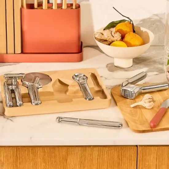 Caraway Home 6pc Kitchen Gadget Set: Stainless Steel Utensils, Includes Peeler, Pizza Cutter, Can Opener, Silver Holder image {2}