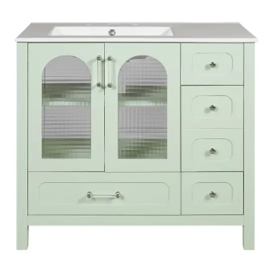 ModernLuxe 36'' Green Bathroom Vanity with Waffle Texture Glass Doors, 4 Drawers & Soft-Closing Doors, Freestanding Bathroom Storage image {7}