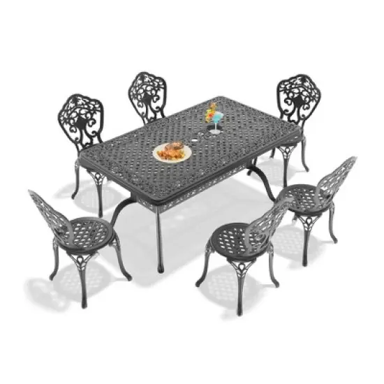 7-Piece Patio Set: Rectangle Table & 6 Chairs - Cast Aluminum, All-Weather/Umbrella Hole & Adjustable Legs for Balcony/Backyard image {3}