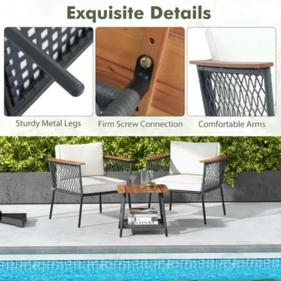 Costway 3 PCS Patio Furniture Set with 2-Tier Coffee Table Acacia Wood Armrests Tabletop image {5}