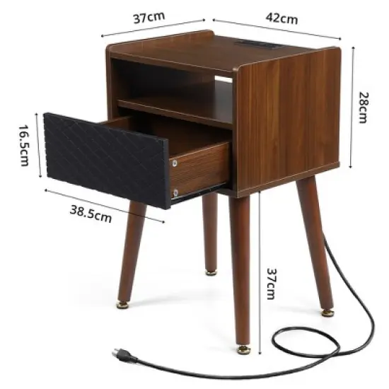 Mid-Century Nightstand with Drawers, Side Table with Charging Station image {3}