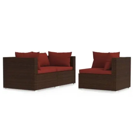 vidaXL 3 Piece Patio Lounge Set with Cushions Brown Poly Rattan image {1}