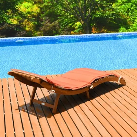 Costway Folding Wooden Outdoor Lounge Chair Chaise Red/White Cushion Pad Pool Deck image {2}
