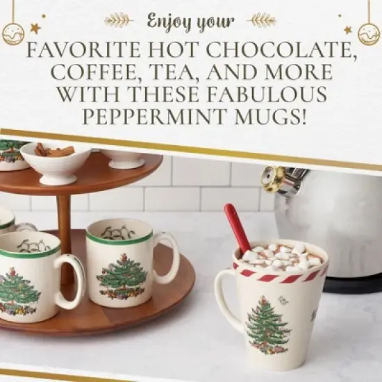 Spode Christmas Tree Peppermint 14oz Mug & Spoon Set (4-Piece) - Festive Earthenware with Candy Cane Motif, Ceramic Mug - Christmas Drinkware image {4}