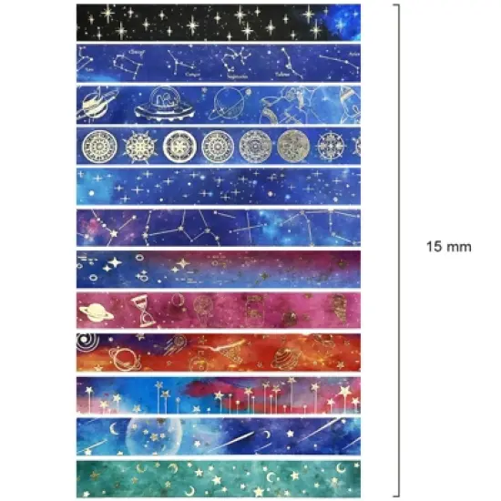 Wrapables Elegant Gold Foil Washi Tape Box Set for Arts & Crafts, Scrapbooking, Stationery, Diary (12 Rolls), Galaxy image {1}