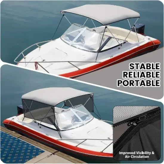 3 Bow Bimini Tops for Boat, Boat Canopy with 2 Removable Side Curtains, 4 Adjustable Windproof Ropes, Marine Grade Canvas for Sun Protection image {4}