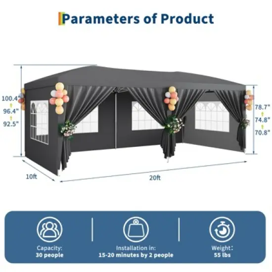 Garvee 10x20 Pop Up Canopy Tent with 6 Removable Sidewalls, Easy Up Outdoor Canopy Tents for Parties with 3 Adjustable Heights, Stakes X18, Ropes X6 image {1}