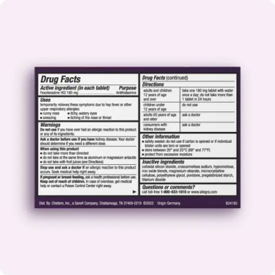 Allegra 24 Hour Allergy Relief Medicine Tablets - Fexofenadine Hydrochloride - 5ct image {1}