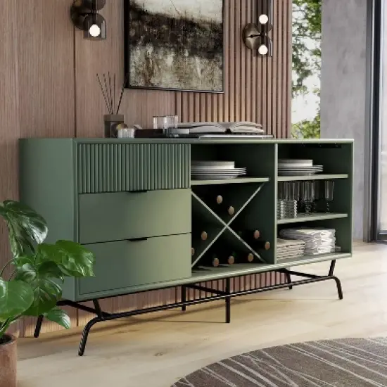 miBasics Heath 60" Modern Buffet with Wine Cabinet Sage Green: Freestanding Storage, 4 Shelves, 3 Drawers image {2}