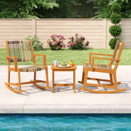 Costway 3 Piece Patio Rocking Set with Rattan Seat & Back Square Side Table for Porch image {4}