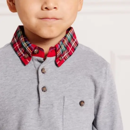 Hope & Henry Boys' Long Sleeve Polo Shirt with Woven Collar and Elbow Patches, Infant image {4}