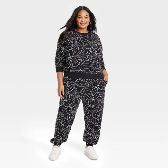 Women's Halloween Spider Web Graphic Sweatshirt - Black image {2}