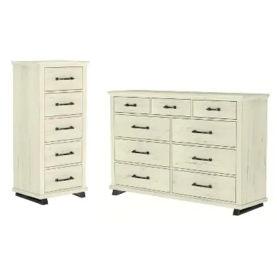 Festivo 2pc Contemporary 9 Drawer Dresser and 24 inch 5 Drawer Chest Set Saw Cut Off-White: Meets ASTM Safety, Bedroom Storage image {1}
