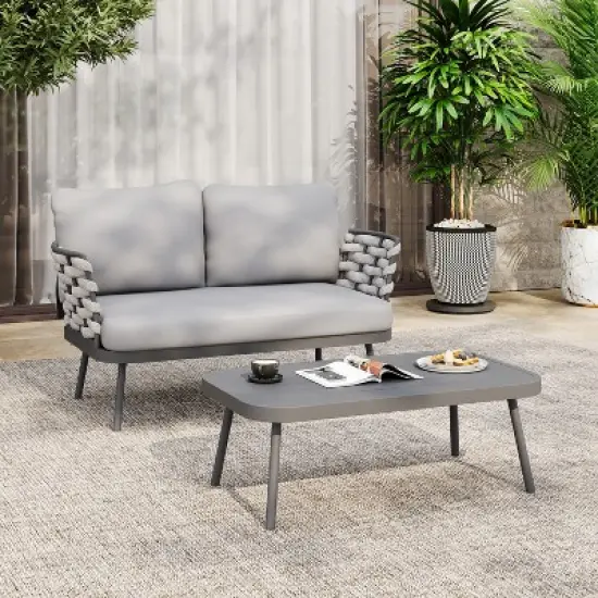 Christopher Knight Home Barbara Modern Outdoor Metal Coffee Table and Upholstered Lovesear Set image {1}