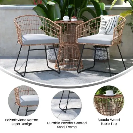 Flash Furniture Devon 3-Piece Patio Bistro Set, Indoor/Outdoor Rattan Rope Chairs, Acacia Wood Top Table & Seat Cushions image {5}
