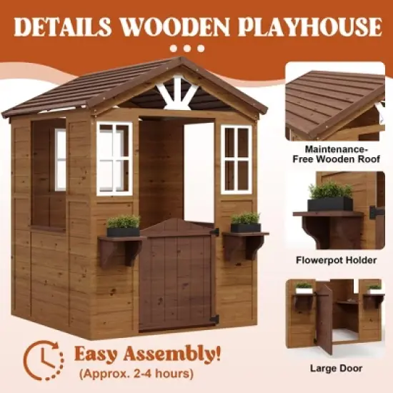 Wooden Play House for Kids, Wooden Play House Outdoor Cottage, Cedar Woodens Kids Playhouse Cottage, Toddler Outdoor Playhouse Vinyl Roof With Kitchen image {2}