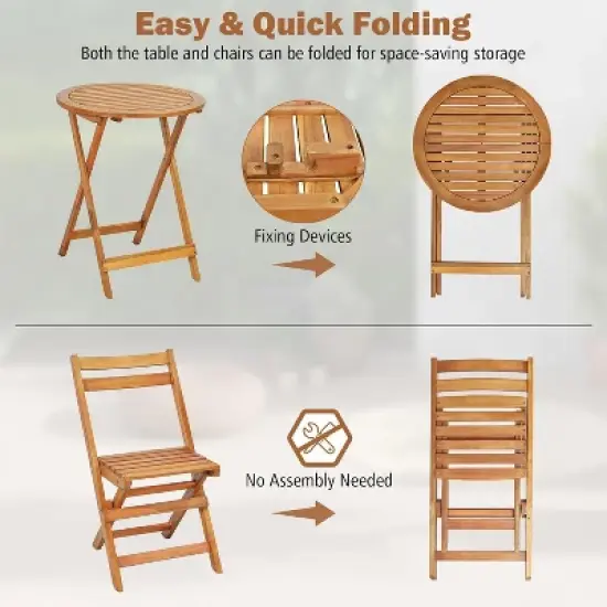 Tangkula 3PCS Folding Bistro Set Solid Acacia Wood Table & Chairs Slatted Tabletop Patio image {6}