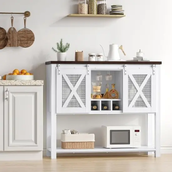 Farmhouse Sideboard Buffet Cabinet with Sliding Barn Doors, Open Storage Shelf & Wine Racks, Entryway Table for Kitchen, Dining Room, Hallway image {6}