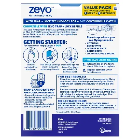 Zevo Flying Insect Indoor Light Fly Trap Starter Kit, Catches House Flies, Fruit Flies, Gnats and More - 1 Trap + 3 Refills image {11}