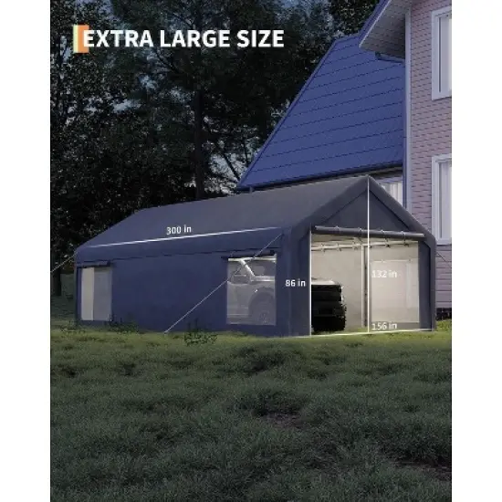13x25 FT Heavy Duty Carport Garage, Portable Shelter with Removable Sidewalls & Doors, Roll-Up Windows, All-Season Tarp Canopy for Cars, Trucks image {2}