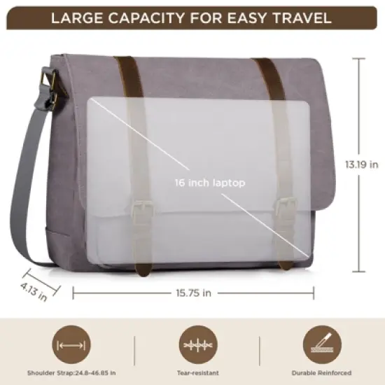 Vintage Canvas Messenger Bag for Men 15.6-16 inch Laptop bag,Computer Satchel Shoulder Bag for School Work Travel (Grey) image {4}