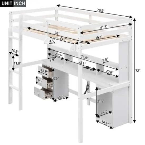 Loft Bed with Multi-Function Storage Table, LED Lights, Bedside Tray and Charging Station, White - ModernLuxe image {3}