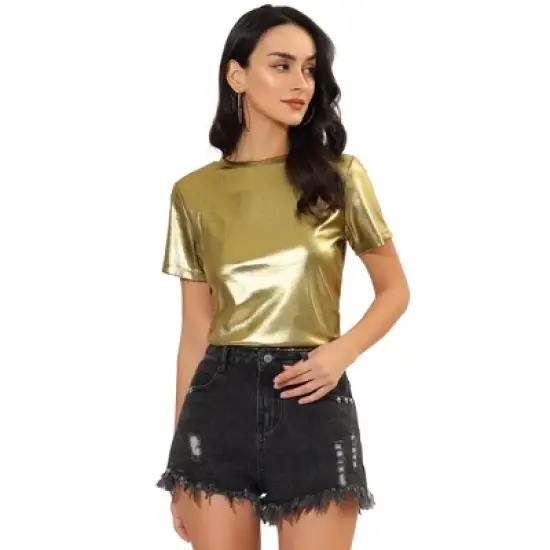 Allegra K Women's Party Metallic Textured Short Sleeve Shiny T-shirts image {7}