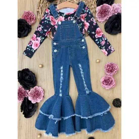 Girls Fall Florals Flared Overall Set - Mia Belle Girls image {4}