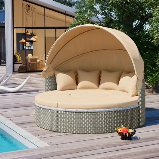 4 Piece Outdoor Wicker Patio Furniture Set,Round Sectional Sofa with Retractable Canopy,Patio Daybed with Adjustable Table,Cushions-Coolbibila image {9}