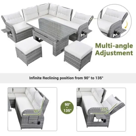 Outdoor Patio Rattan Sectional Sofa Set with Adjustable Height Table and 2 Reclining Seat, Extendable Side Tables image {4}
