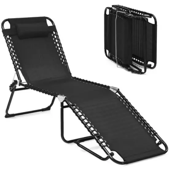 Costway Folding Beach Lounge Chair Heightening Design Patio Lounger w/ Pillow Black\Grey image {2}